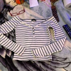 Striped Ribbed Henley Long-Sleeve Top - White/Black